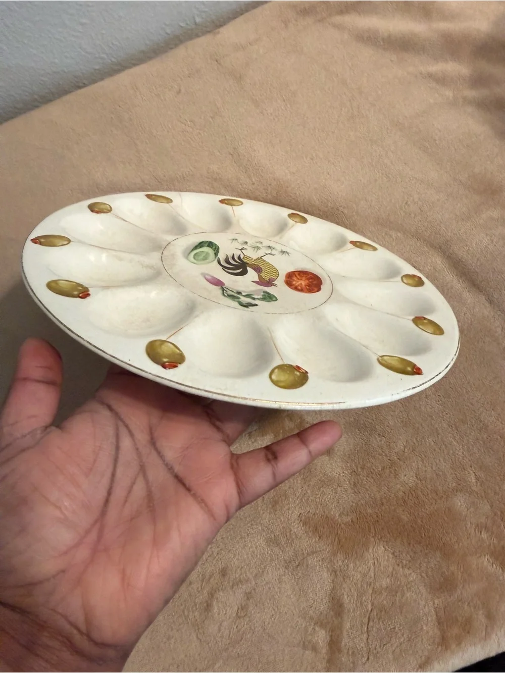 Vintage Rooster Deviled Egg Platter with Olive Motif
